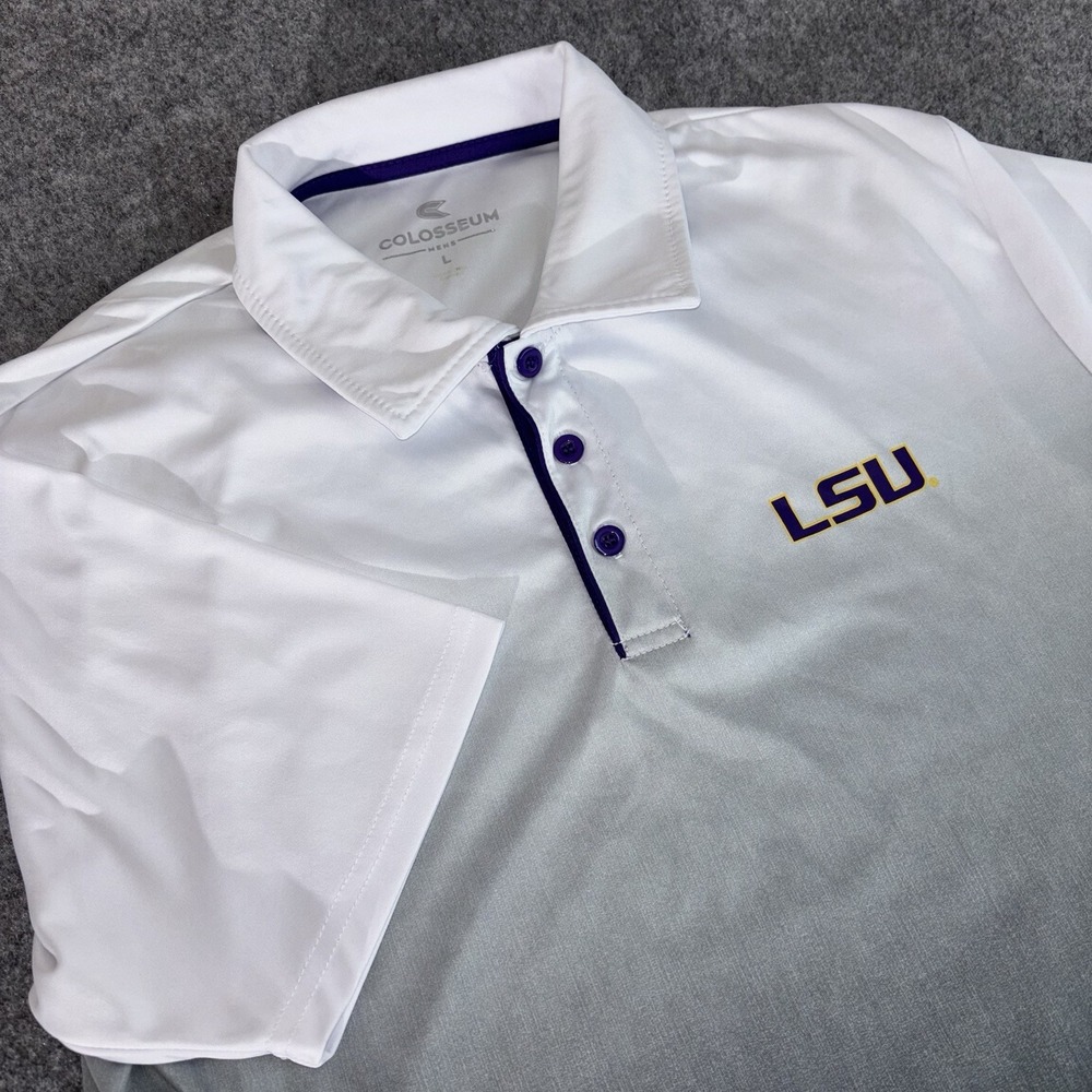 LSU Tigers Men's Polo Shirt Large‎ White Purple Gradient Short Sleeve College